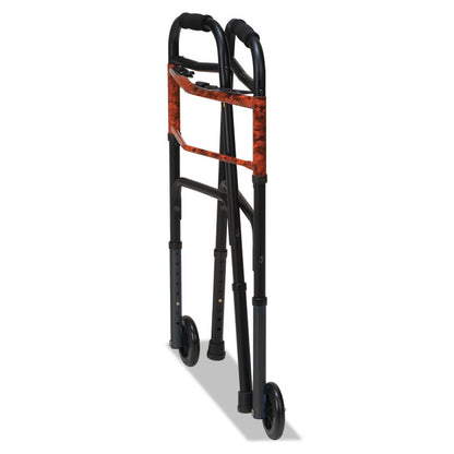 Two-Button Release Folding Walker with Wheels, Adjusts 32" to 38", 250 lbs Capacity, Black/Copper