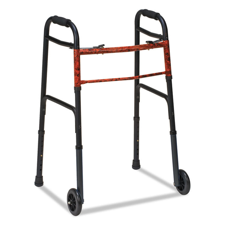 Two-Button Release Folding Walker with Wheels, Adjusts 32" to 38", 250 lbs Capacity, Black/Copper