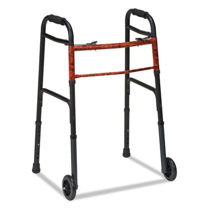 Two-Button Release Folding Walker with Wheels, Adjusts 32" to 38", 250 lbs Capacity, Black/Copper