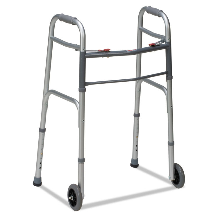 Two-Button Release Folding Walker with Wheels, Adjusts 32" to 38", 250 lbs Capacity, Silver/Gray