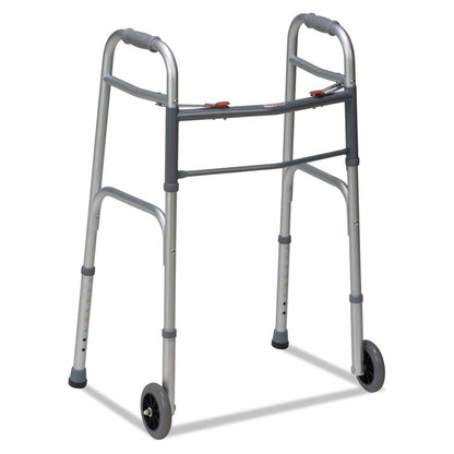 Two-Button Release Folding Walker with Wheels, Adjusts 32" to 38", 250 lbs Capacity, Silver/Gray