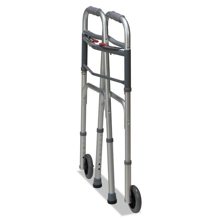 Two-Button Release Folding Walker with Wheels, Adjusts 32" to 38", 250 lbs Capacity, Silver/Gray