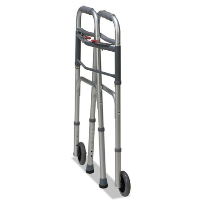 Two-Button Release Folding Walker with Wheels, Adjusts 32" to 38", 250 lbs Capacity, Silver/Gray