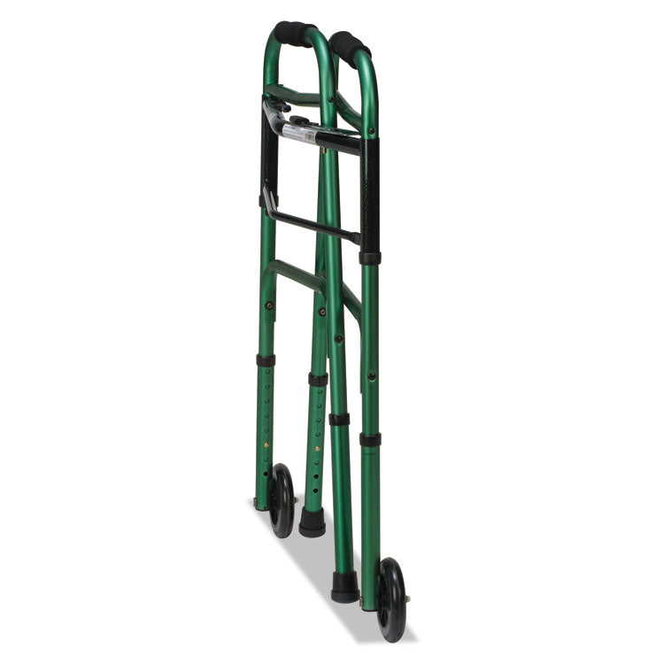 Two-Button Release Folding Walker with Wheels, Adjusts 32" to 38", 250 lbs Capacity, Green/Green Ice
