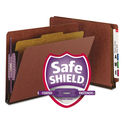 End Tab Pressboard Classification Folders, Expands 2", 1 Divider, 4 SafeSHIELD Fasteners, Letter Size, Red, 10/Box