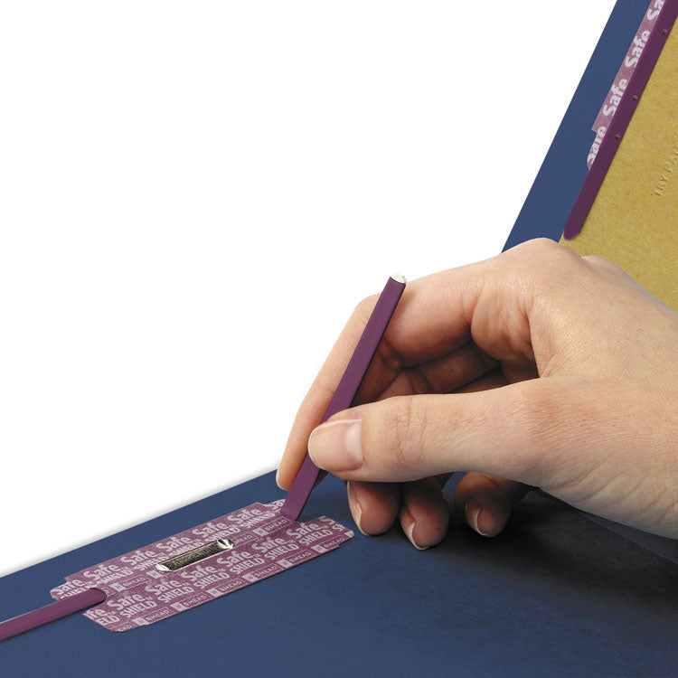 End Tab Pressboard Classification Folders, Expands 2", 2 Dividers, 6 SafeSHIELD Fasteners, Legal Size, Dark Blue, 10/Box