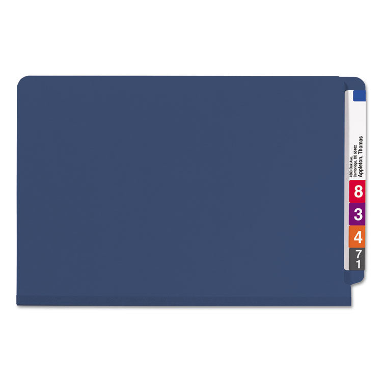 End Tab Pressboard Classification Folders, Expands 2", 2 Dividers, 6 SafeSHIELD Fasteners, Legal Size, Dark Blue, 10/Box