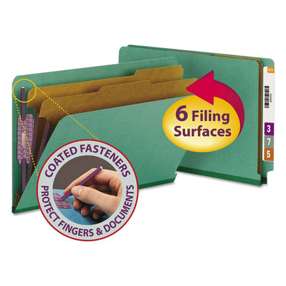 End Tab Pressboard Classification Folders, Expands 2", 2 Dividers, 6 SafeSHIELD Fasteners, Legal Size, Green, 10/Box
