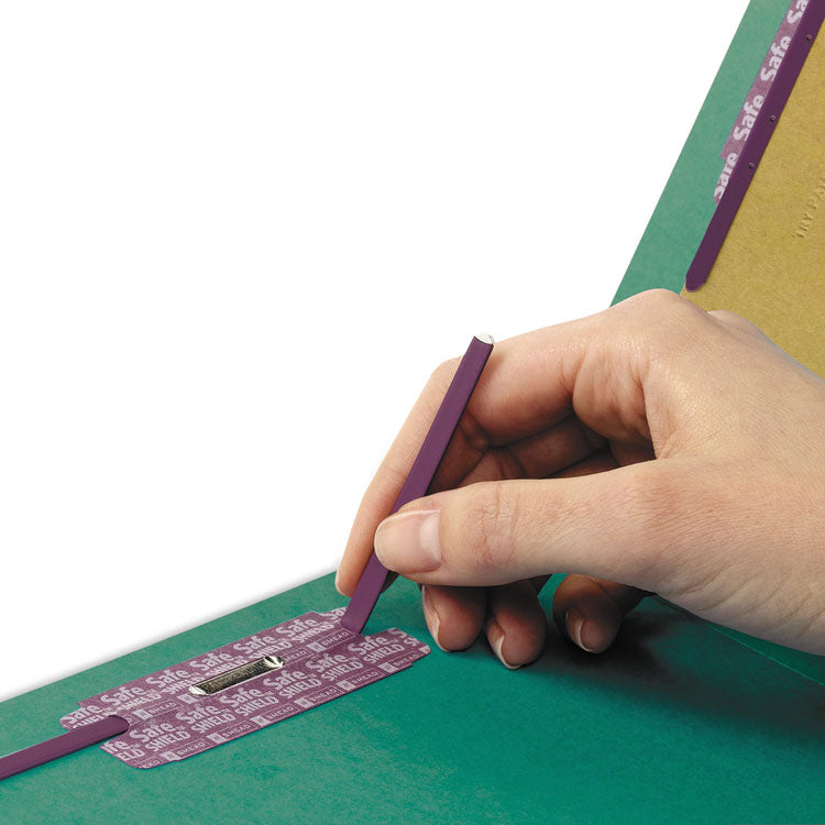 End Tab Pressboard Classification Folders, Expands 2", 2 Dividers, 6 SafeSHIELD Fasteners, Legal Size, Green, 10/Box
