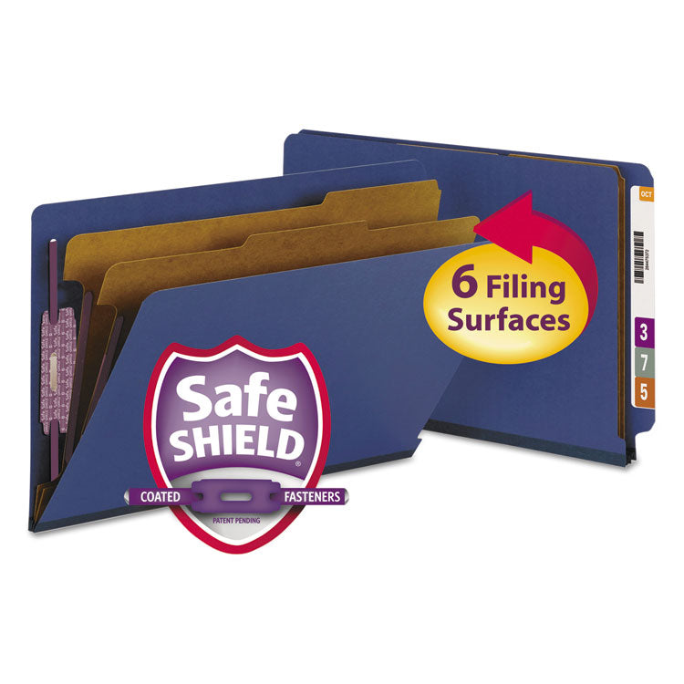 End Tab Pressboard Classification Folders, Expands 2", 2 Dividers, 6 SafeSHIELD Fasteners, Legal Size, Dark Blue, 10/Box