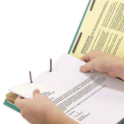 End Tab Pressboard Classification Folders, Expands 2", 2 Dividers, 6 SafeSHIELD Fasteners, Legal Size, Green, 10/Box