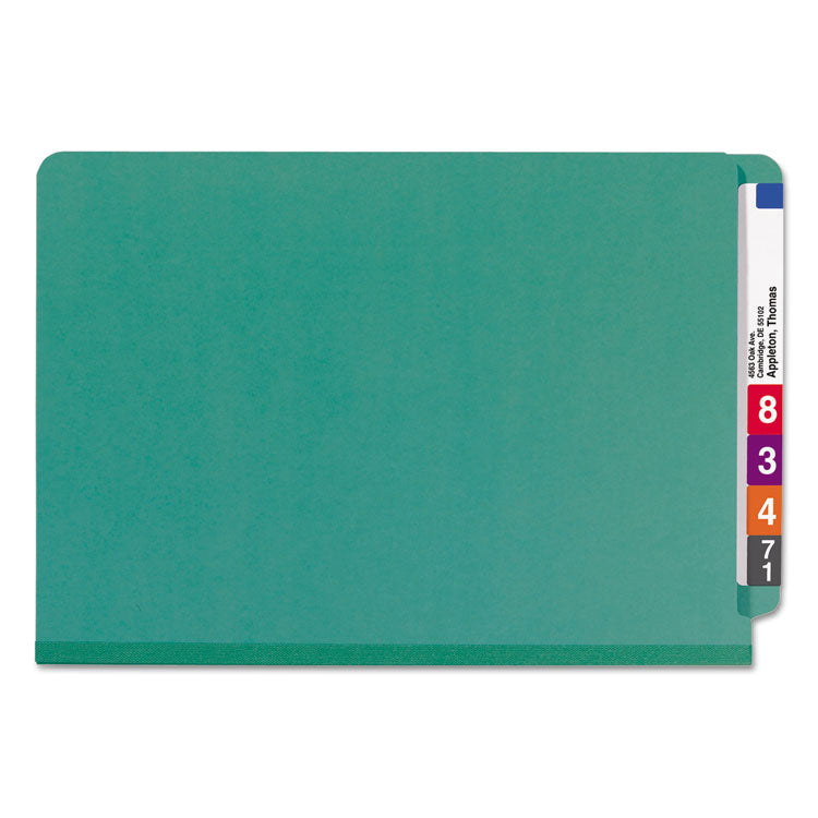 End Tab Pressboard Classification Folders, Expands 2", 2 Dividers, 6 SafeSHIELD Fasteners, Legal Size, Green, 10/Box