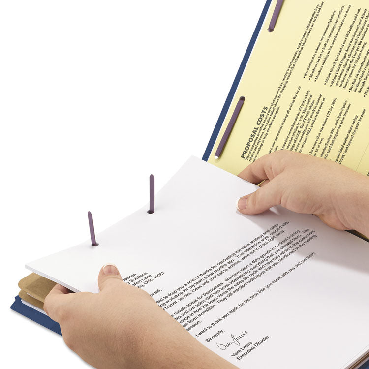 End Tab Pressboard Classification Folders, Expands 2", 2 Dividers, 6 SafeSHIELD Fasteners, Legal Size, Dark Blue, 10/Box