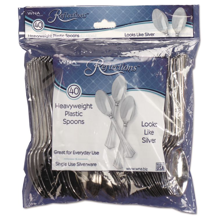 Reflections Heavyweight Plastic Utensils, Spoon, Silver, 40/Pack, 8 Packs/Carton
