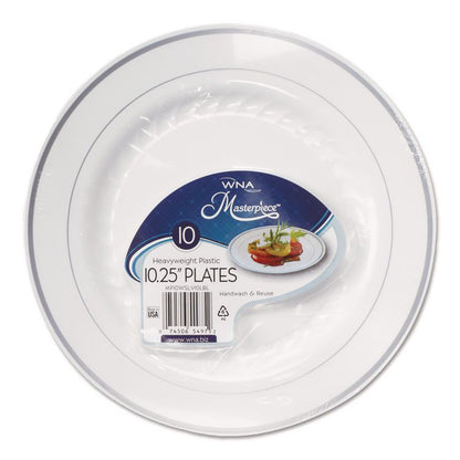 Masterpiece Plastic Plates, 10.25" dia, White/Silver, 10/Pack, 12 Packs/Carton