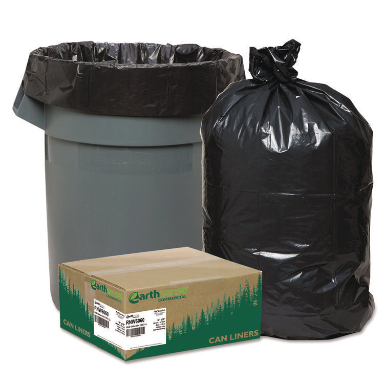 Linear Low Density Recycled Can Liners, 60 Gallon, 1.65 mil, 38" x 58", Black, 10 Bags/Roll, 10 Rolls/Carton