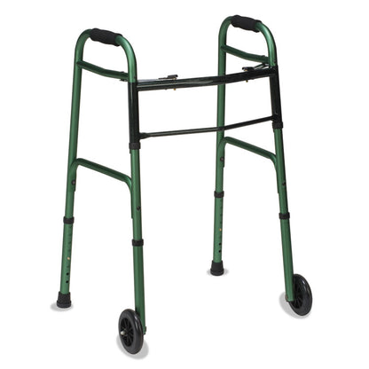 Two-Button Release Folding Walker with Wheels, Adjusts 32" to 38", 250 lbs Capacity, Green/Green Ice
