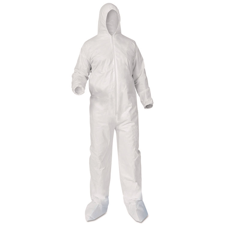 A35 Liquid and Particle Protection Coveralls, Zipper Front, Hood/Boots, Elastic Wrists/Ankles, Large, White, 25/Carton