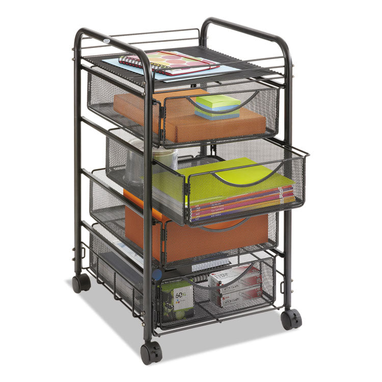 Onyx Mesh Mobile File with Four Supply Drawers, Metal, 1 Shelf, 4 Drawers, 15.75" x 17" x 27", Black