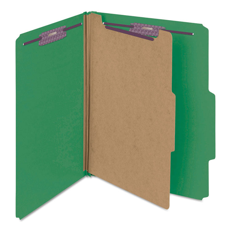 Pressboard Top Tab Classification Folders, Expands 2", 1 Divider, 4 SafeSHIELD Fasteners, Letter Size, Green, 10/Box