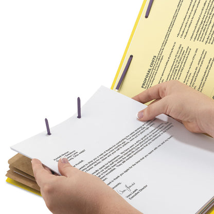 Pressboard Top Tab Classification Folders, 2/5 Tab, Expands 3", 3 Dividers, 8 SafeSHIELD Fasteners, Legal Size, Yellow, 10/BX