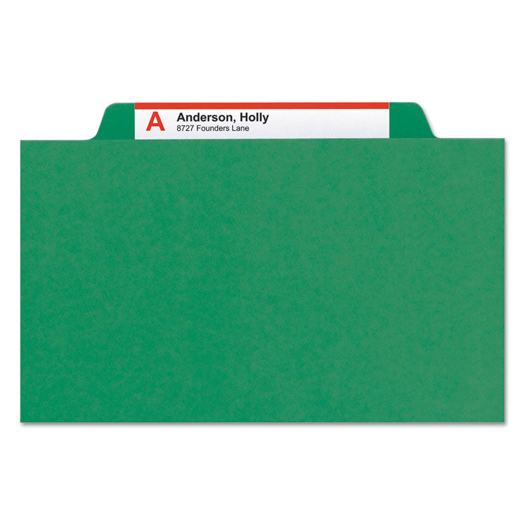 Pressboard Top Tab Classification Folders, Expands 2", 1 Divider, 4 SafeSHIELD Fasteners, Letter Size, Green, 10/Box