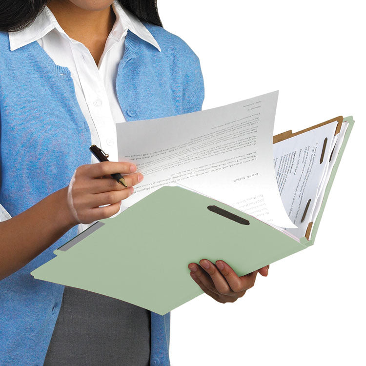 Recycled Pressboard Classification Folders, 2/5-Cut Tab, Expands3", 3 Dividers, 8 Fasteners, Legal Size, Gray-Green, 10/Box