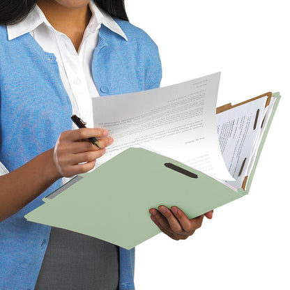 Recycled Pressboard Classification Folders, 2/5-Cut Tab, Expands3", 3 Dividers, 8 Fasteners, Legal Size, Gray-Green, 10/Box