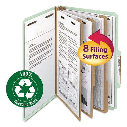 Recycled Pressboard Classification Folders, 2/5-Cut Tab, Expands3", 3 Dividers, 8 Fasteners, Legal Size, Gray-Green, 10/Box