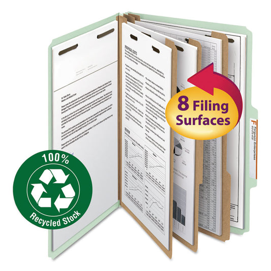 Recycled Pressboard Classification Folders, 2/5-Cut Tab, Expands3", 3 Dividers, 8 Fasteners, Legal Size, Gray-Green, 10/Box