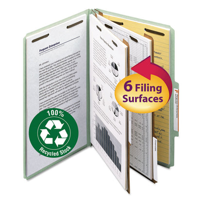 Recycled Pressboard Classification Folders, 2/5-Cut Tab, Expands2", 2 Dividers, 6 Fasteners, Legal Size, Gray-Green, 10/Box
