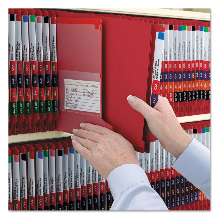 End Tab Pressboard Classification Folders, Expands 2", 2 Dividers, 6 SafeSHIELD Fasteners, Letter Size, Bright Red, 10/Box