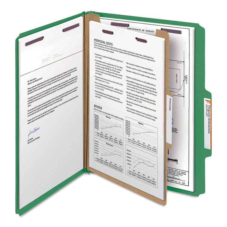 Pressboard Top Tab Classification Folders, Expands 2", 1 Divider, 4 SafeSHIELD Fasteners, Letter Size, Green, 10/Box