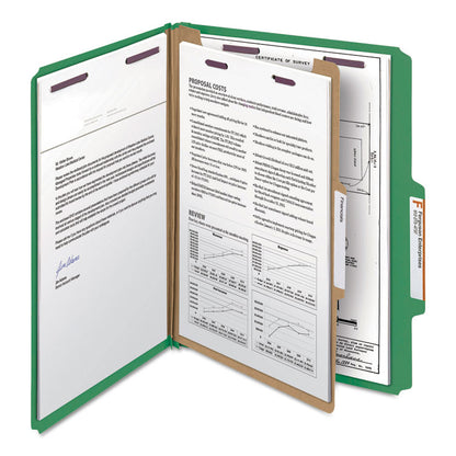 Pressboard Top Tab Classification Folders, Expands 2", 1 Divider, 4 SafeSHIELD Fasteners, Letter Size, Green, 10/Box
