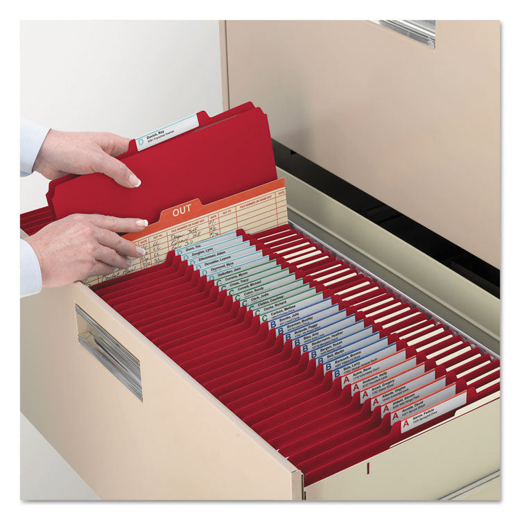 Colored Top Tab Classification Folders, 2/5-Cut Tab, Expands 2", 2 Dividers, 6 SafeSHIELD Fasteners, Letter Size, Red, 10/Box