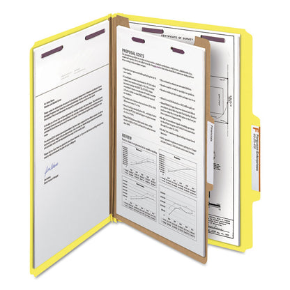 Pressboard Top Tab Classification Folders, Expands 2", 1 Divider, 4 SafeSHIELD Fasteners, Legal Size, Yellow, 10/Box
