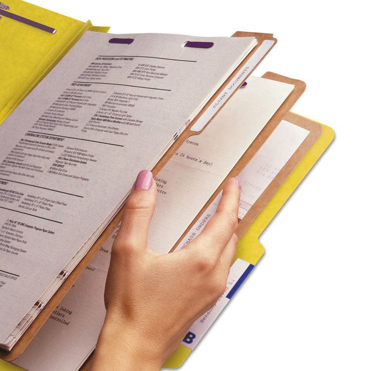 Pressboard Top Tab Classification Folders, 2/5 Tab, Expands 3", 3 Dividers, 8 SafeSHIELD Fasteners, Legal Size, Yellow, 10/BX