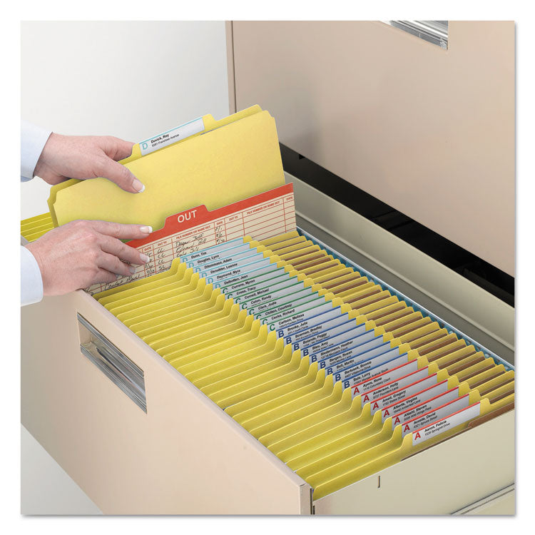 Pressboard Top Tab Classification Folders, 2/5 Tab, Expands 3", 3 Dividers, 8 SafeSHIELD Fasteners, Legal Size, Yellow, 10/BX