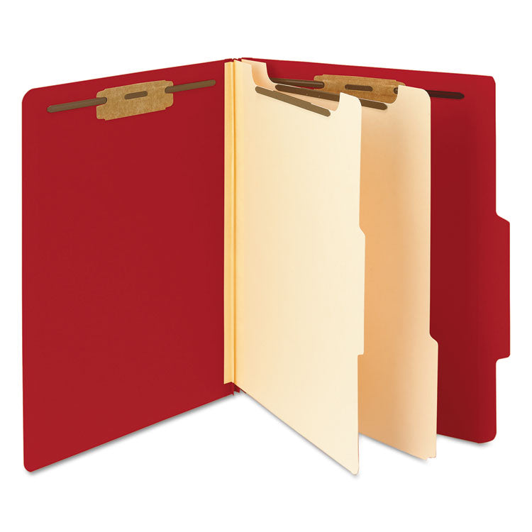 Colored Top Tab Classification Folders, 2/5-Cut Tab, Expands 2", 2 Dividers, 6 SafeSHIELD Fasteners, Letter Size, Red, 10/Box
