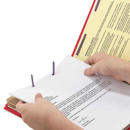 End Tab Pressboard Classification Folders, Expands 2", 2 Dividers, 6 SafeSHIELD Fasteners, Letter Size, Bright Red, 10/Box