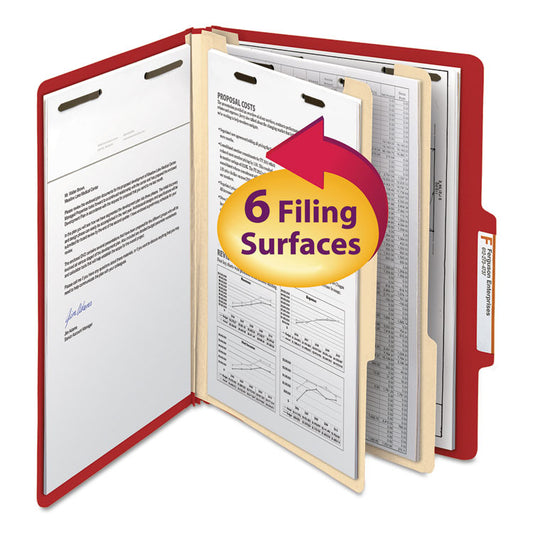 Colored Top Tab Classification Folders, 2/5-Cut Tab, Expands 2", 2 Dividers, 6 SafeSHIELD Fasteners, Letter Size, Red, 10/Box