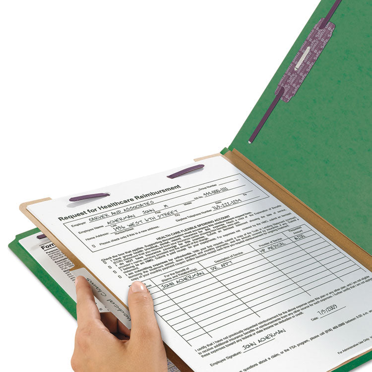 Pressboard Top Tab Classification Folders, Expands 2", 1 Divider, 4 SafeSHIELD Fasteners, Letter Size, Green, 10/Box