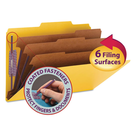 Pressboard Top Tab Classification Folders, 2/5 Tab, Expands 3", 3 Dividers, 8 SafeSHIELD Fasteners, Legal Size, Yellow, 10/BX