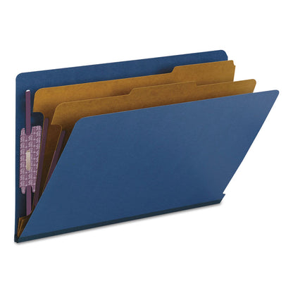End Tab Pressboard Classification Folders, Expands 2", 2 Dividers, 6 SafeSHIELD Fasteners, Legal Size, Dark Blue, 10/Box