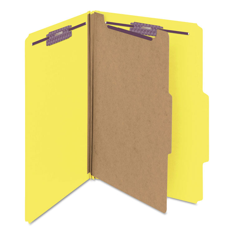 Pressboard Top Tab Classification Folders, Expands 2", 1 Divider, 4 SafeSHIELD Fasteners, Legal Size, Yellow, 10/Box
