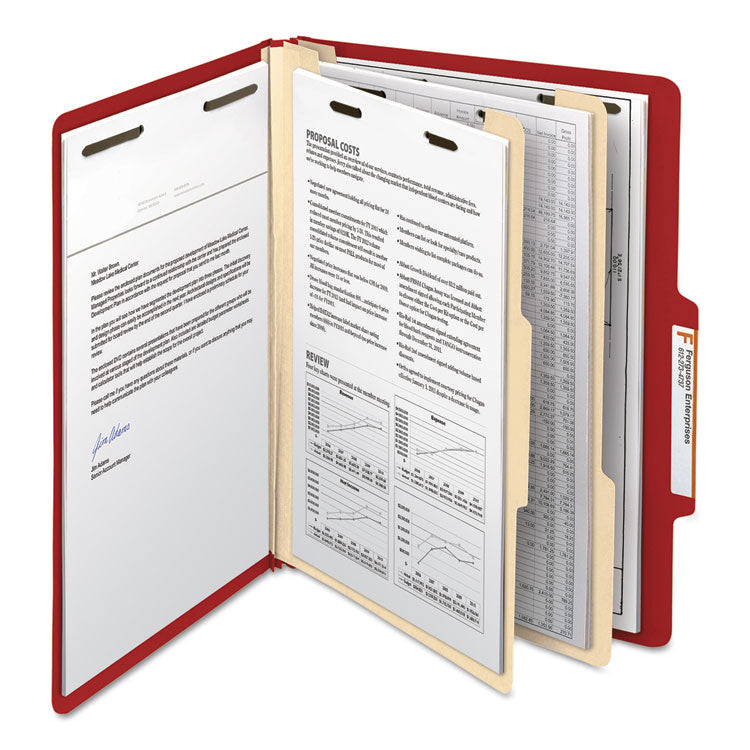 Colored Top Tab Classification Folders, 2/5-Cut Tab, Expands 2", 2 Dividers, 6 SafeSHIELD Fasteners, Letter Size, Red, 10/Box