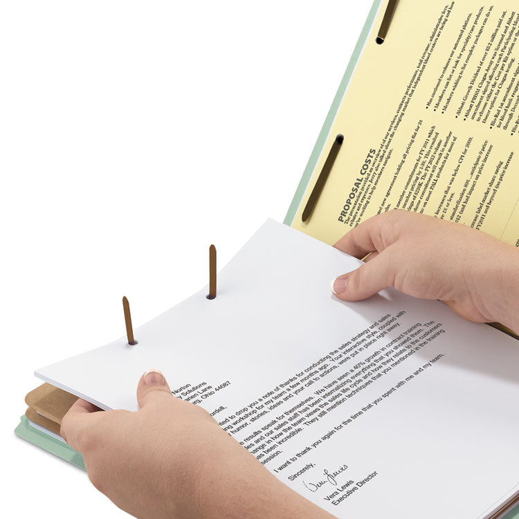 Recycled Pressboard Classification Folders, 2/5-Cut Tab, Expands2", 2 Dividers, 6 Fasteners, Legal Size, Gray-Green, 10/Box