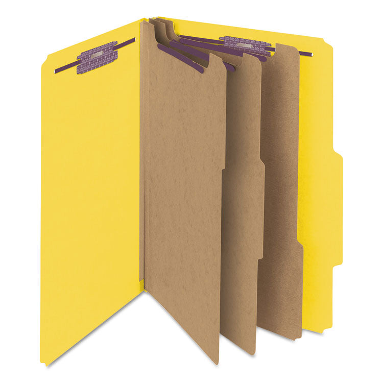 Pressboard Top Tab Classification Folders, 2/5 Tab, Expands 3", 3 Dividers, 8 SafeSHIELD Fasteners, Legal Size, Yellow, 10/BX