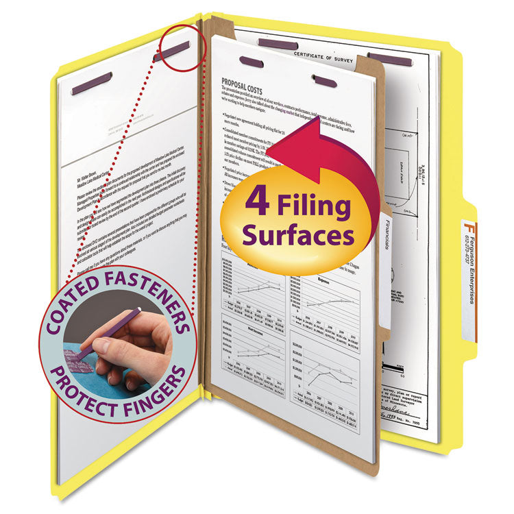 Pressboard Top Tab Classification Folders, Expands 2", 1 Divider, 4 SafeSHIELD Fasteners, Legal Size, Yellow, 10/Box