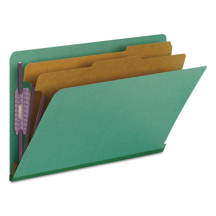 End Tab Pressboard Classification Folders, Expands 2", 2 Dividers, 6 SafeSHIELD Fasteners, Legal Size, Green, 10/Box